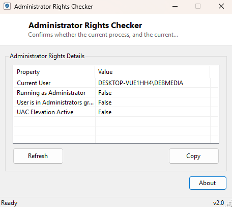 Administrator Rights Checker main window