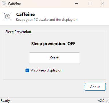 Caffeine main window showing the Sleep Prevention toggle and Also keep display on checkbox