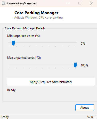 Core Parking Manager main window