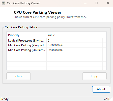 CPU Core Parking Viewer main window