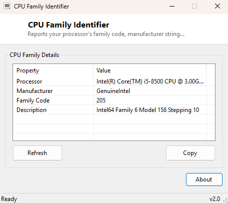 CPU Family Identifier main window