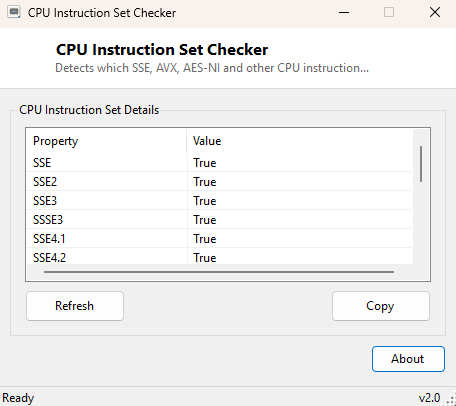 CPU Instruction Set Checker main window