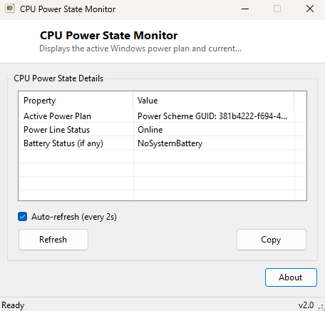 CPU Power State Monitor main window