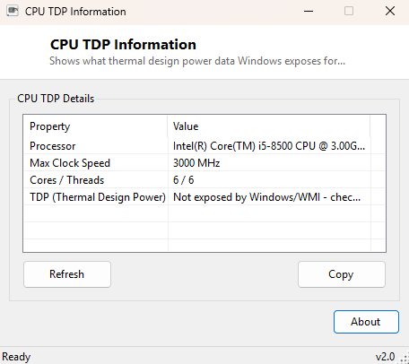 CPU TDP Information main window