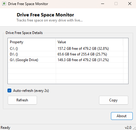 Drive Free Space Monitor main window
