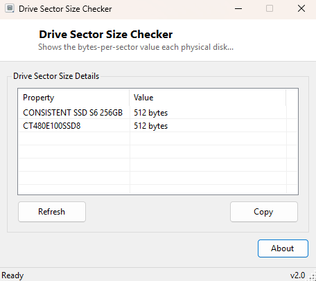 Drive Sector Size Checker main window