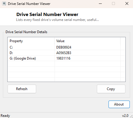 Drive Serial Number Viewer main window