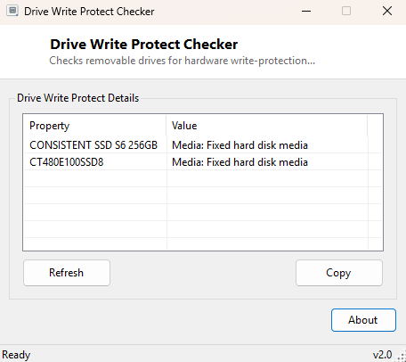 Drive Write Protect Checker main window
