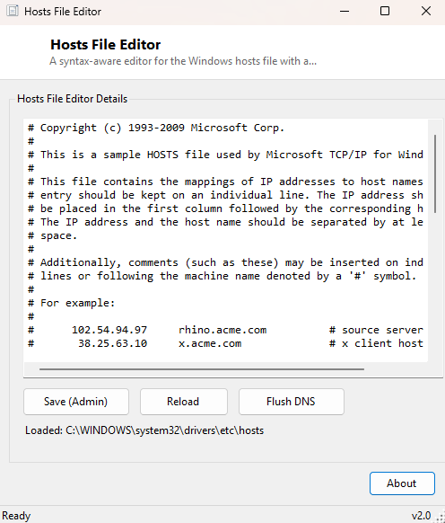 Hosts File Editor main window