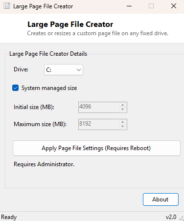 Large Page File Creator main window