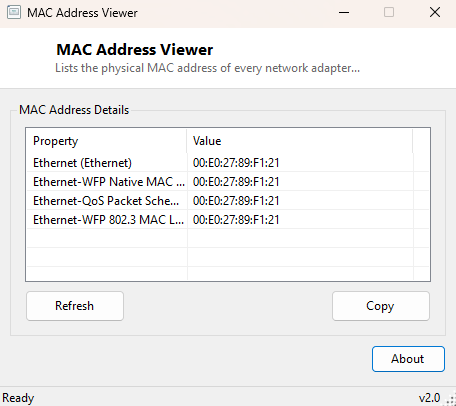 MAC Address Viewer main window