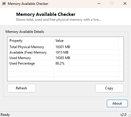 Memory Available Checker main window