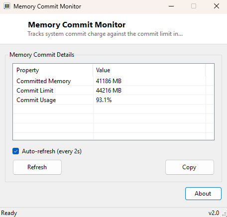 Memory Commit Monitor main window