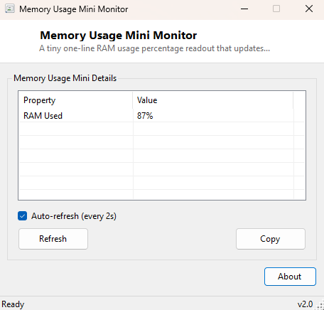 Memory Usage Mini Monitor main window