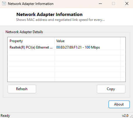 Network Adapter Information main window