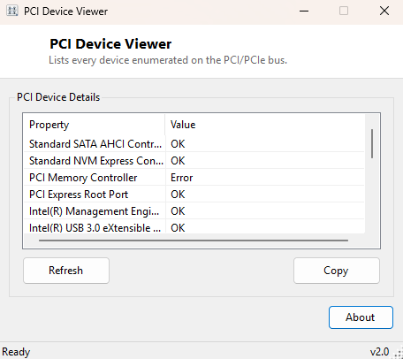 PCI Device Viewer main window