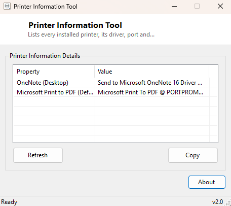 Printer Information Tool main window