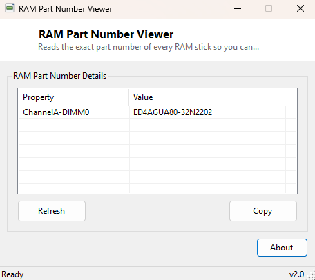 RAM Part Number Viewer main window