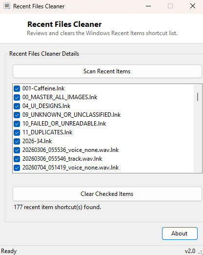 Recent Files Cleaner main window