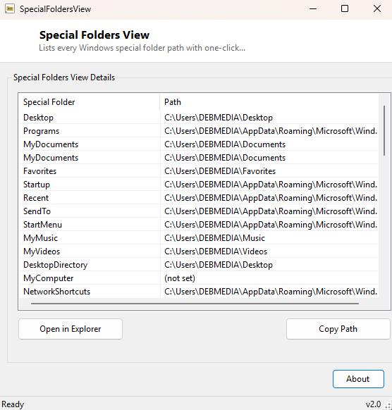 Special Folders View main window