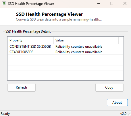 SSD Health Percentage Viewer main window