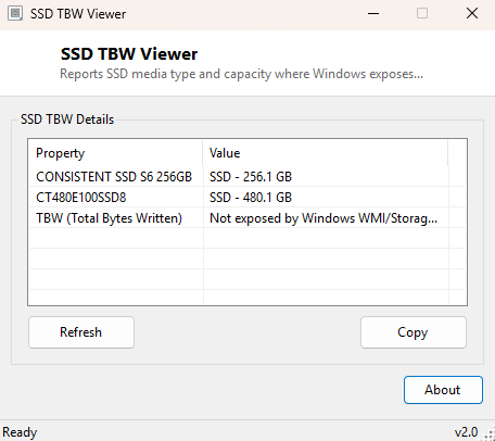 SSD TBW Viewer main window