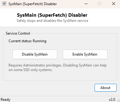 SuperFetch / SysMain Disabler main window