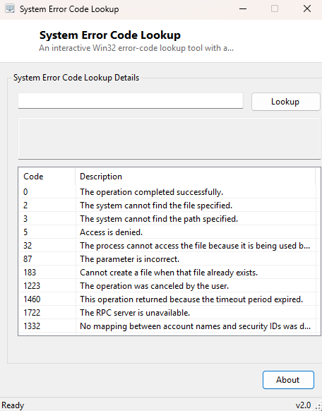 System Error Code Lookup main window