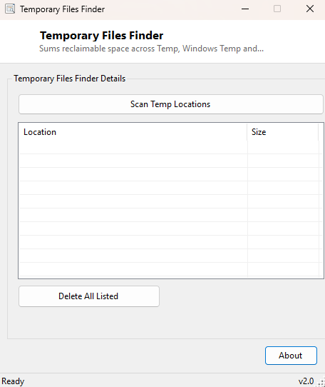 Temporary Files Finder main window