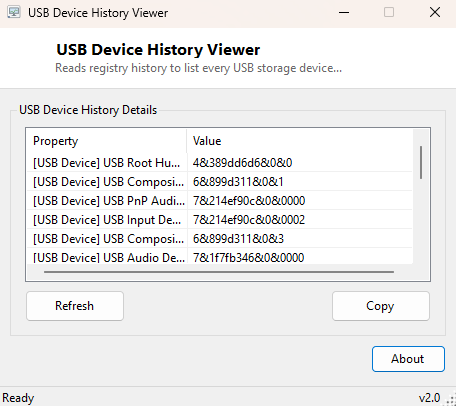 USB Device History Viewer main window
