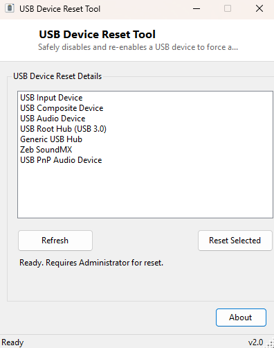 USB Device Reset Tool main window