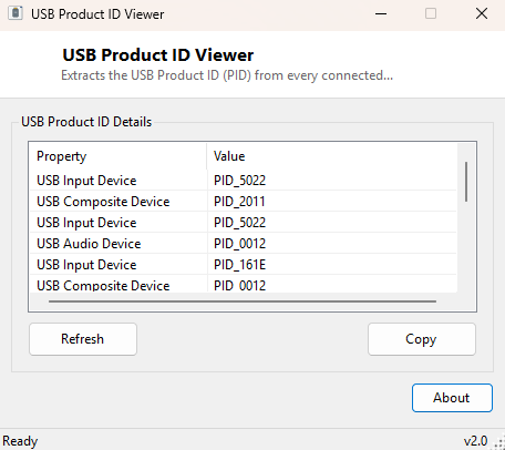 USB Product ID Viewer main window