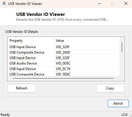 USB Vendor ID Viewer main window