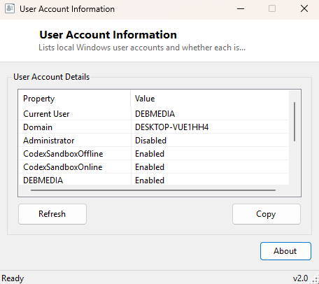 User Account Information main window