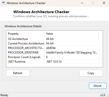 Windows Architecture Checker main window