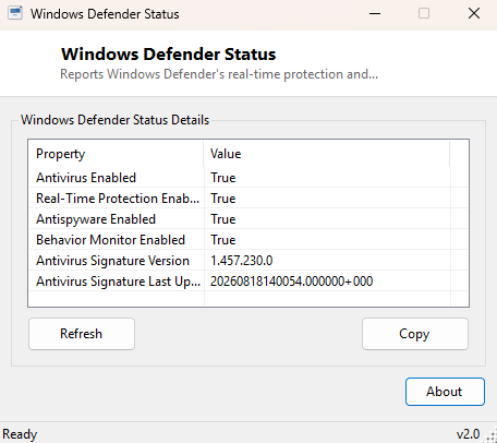 Windows Defender Status main window