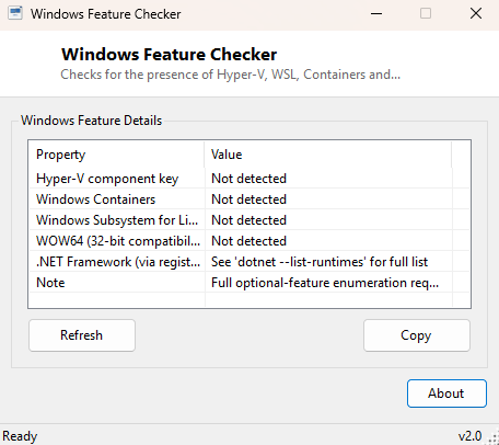 Windows Feature Checker main window