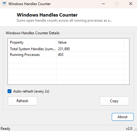 Windows Handles Counter main window