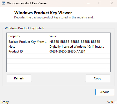 Windows Product Key Viewer main window