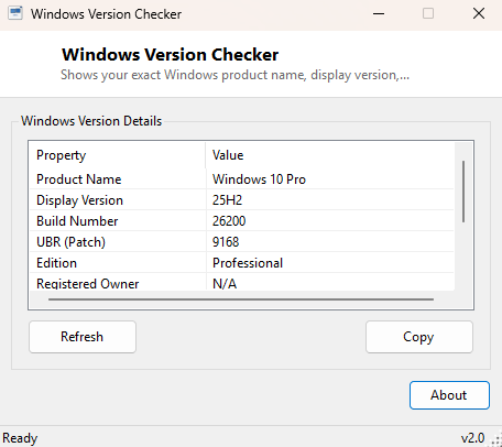 Windows Version Checker main window showing product name, display version, build number and edition
