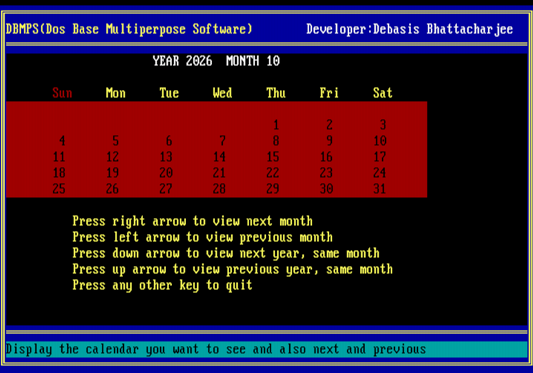Calendar for October 2026 with weekday headings and instructions for the arrow keys