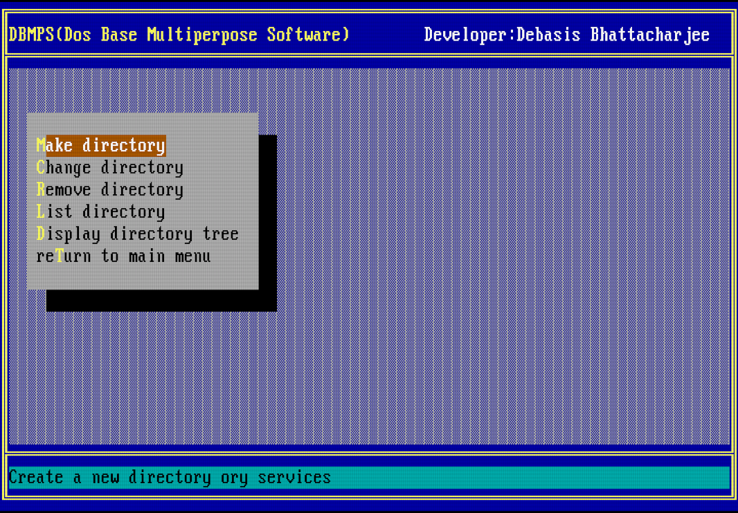 Directory services menu listing make, change, remove, list, display directory tree and return
