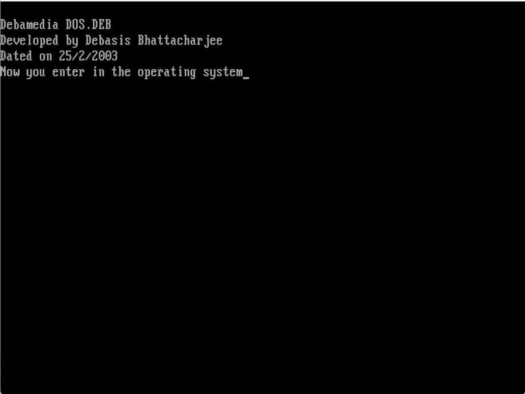 Black text screen: Debamedia DOS.DEB, developed by Debasis Bhattacharjee, dated 25/2/2003