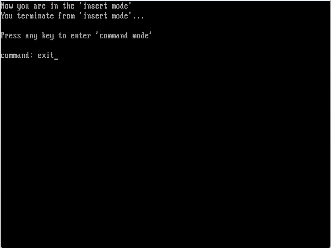 DOS.DEB leaving insert mode and showing a command prompt with the word exit typed