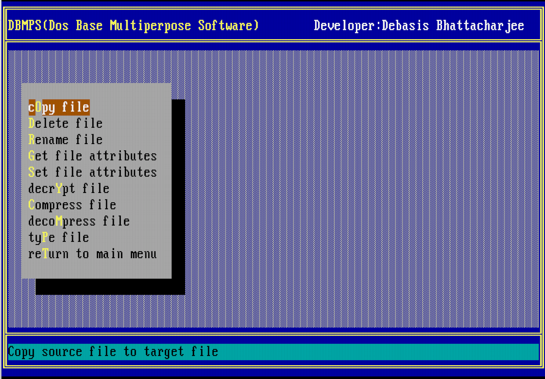 File services menu listing copy, delete, rename, get and set file attributes, decrypt, compress, decompress, type and return