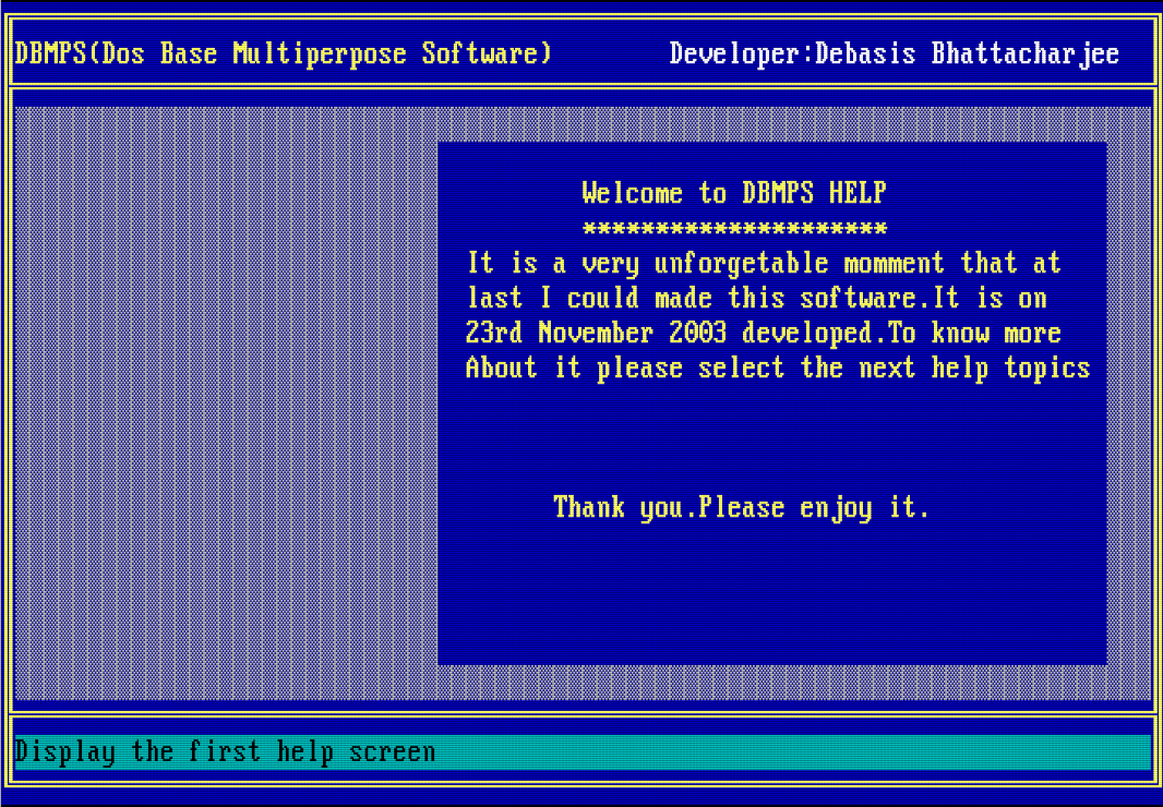 The DBMPS help screen, giving the development date as 23rd November 2003