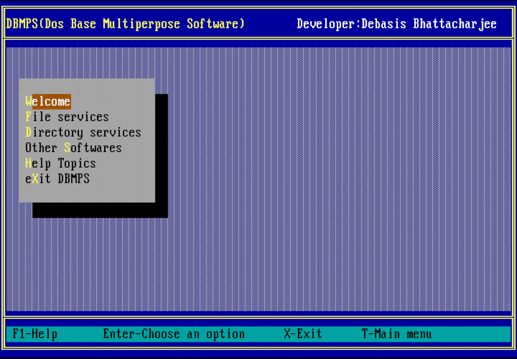 DBMPS main menu: a grey pop-up with six entries over a blue patterned desktop, under a title bar reading DBMPS, Dos Base Multiperpose Software
