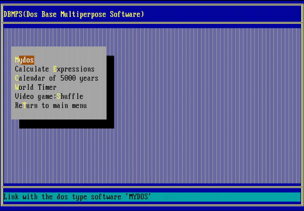 Other Softwares menu listing Mydos, Calculate Expressions, Calendar of 5000 years, World Timer and Video game Shuffle