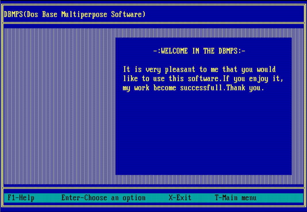 The DBMPS welcome panel: a blue box holding a short message of thanks
