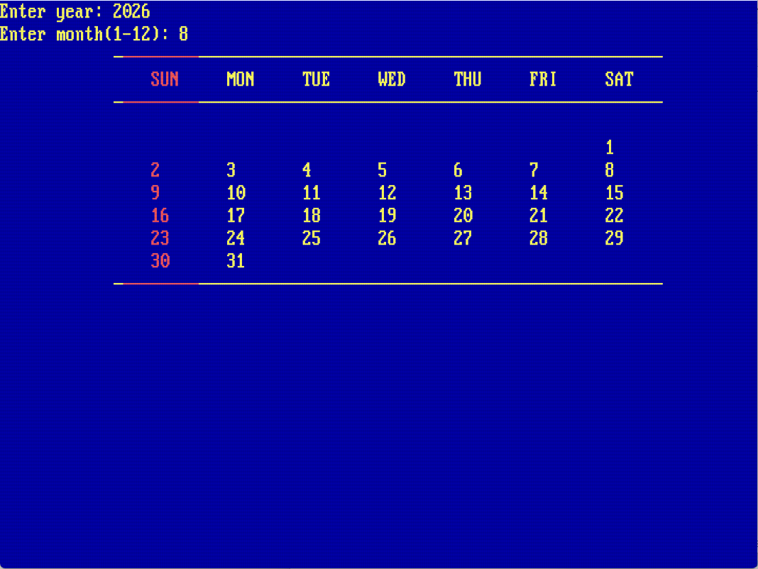 A calendar for August 2026 on a blue text screen with Sundays in red and prompts for year and month above it